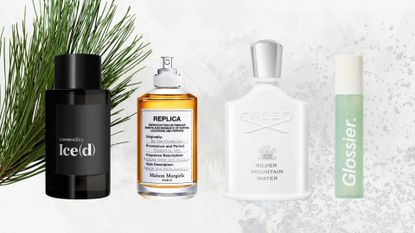 A collage of 'Alpine' perfumes including in this roundup, including Commodity's Ice(d), Maison Margiela's By The Fireplace, Creed's Silver Mountain Water and Glossier's Sandstone body mist, all arranged in a line over a grey and white template with snow and pine needle stock images.