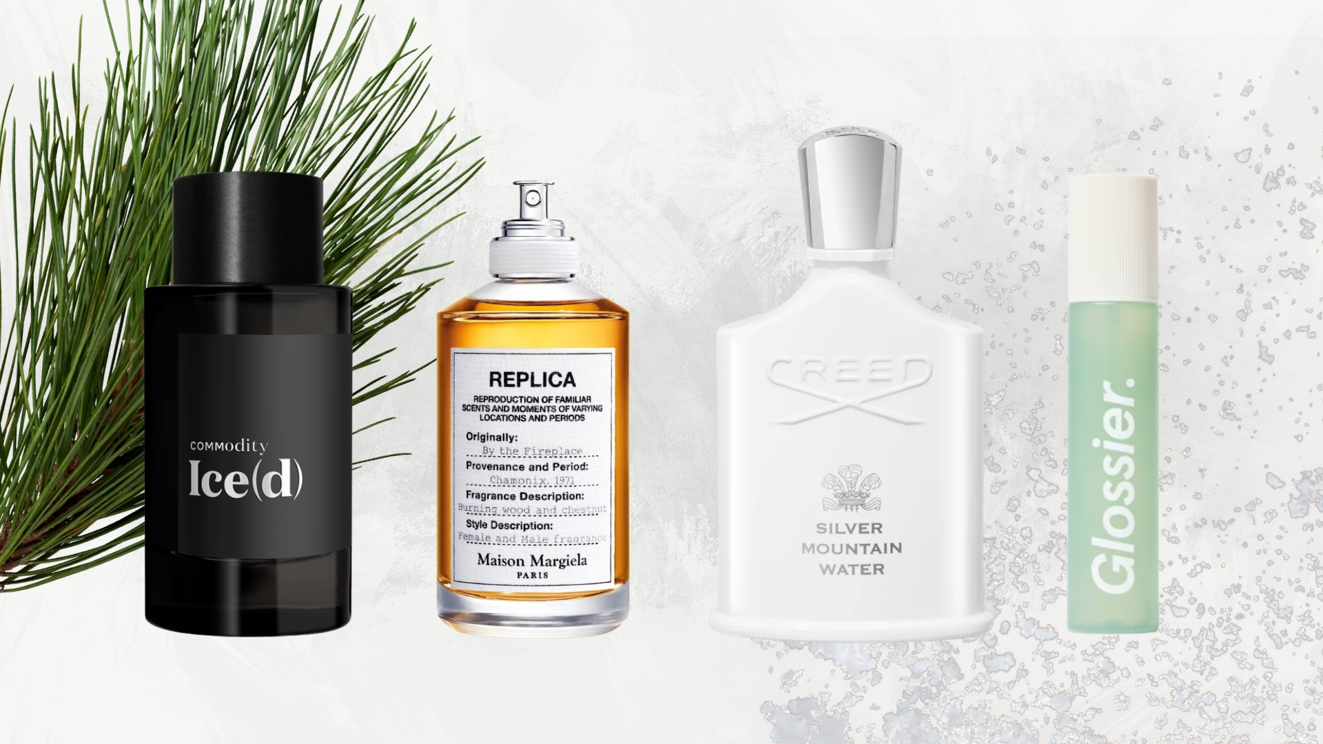 A collage of 'Alpine' perfumes including in this roundup, including Commodity's Ice(d), Maison Margiela's By The Fireplace, Creed's Silver Mountain Water and Glossier's Sandstone body mist, all arranged in a line over a grey and white template with snow and pine needle stock images.