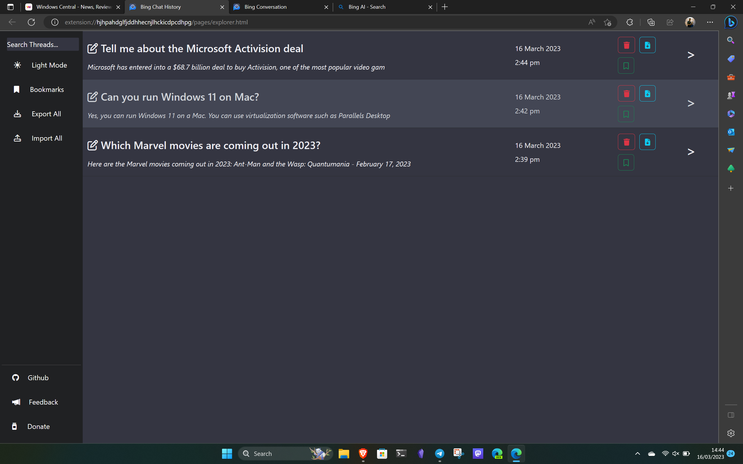 Bing Chat History extension showing saved threads