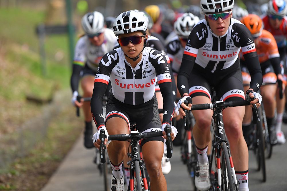 Coryn Rivera (Team Sunweb) and Ellen van Dijk in the bunch at Gent-Wevelgem