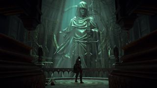 A knight looks up a a giant statue of a hooded figure holding a sword