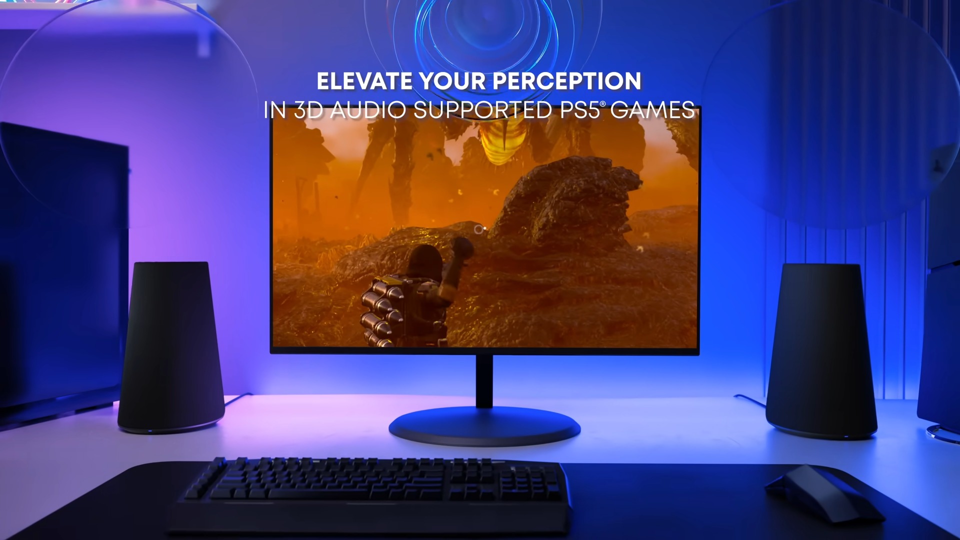 A screenshot from the announcement trailer for the Sony Pulse Elevate Wireless Speakers showing them on a desktop
