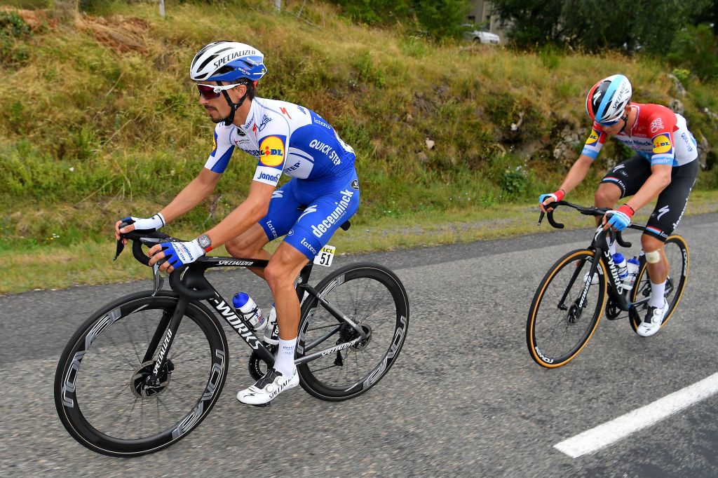 SAINT CHRISTO EN JAREZ FRANCE AUGUST 12 Julian Alaphilippe of France and Team Deceuninck QuickStep Bob Jungels of Luxembourg and Team Deceuninck QuickStep during the 72nd Criterium du Dauphine 2020 Stage 1 a 2185km stage from Clermont Ferrand to Saint Christo en Jarez 752m dauphine Dauphin on August 12 2020 in Saint Christo en Jarez France Photo by Justin SetterfieldGetty Images