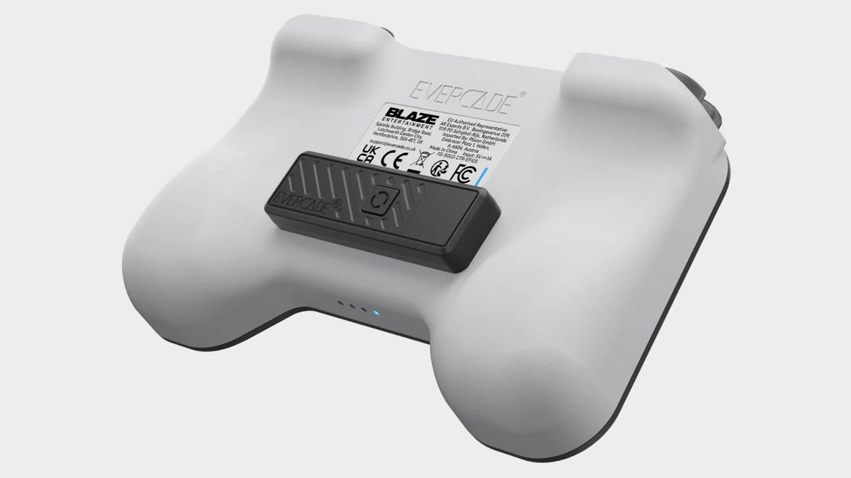 Back view of Evercade Wireless Controller with magnetic dongle attached.