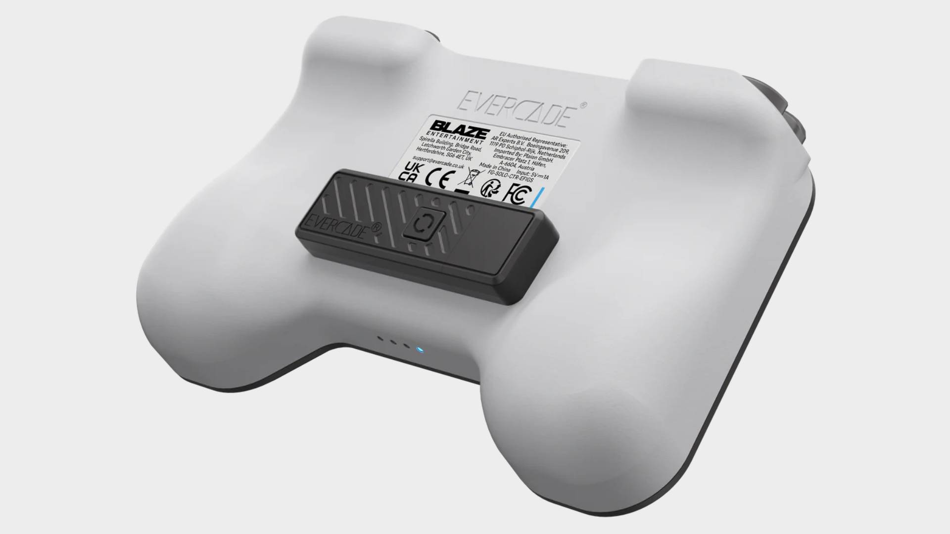 Back view of Evercade Wireless Controller with magnetic dongle attached.