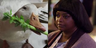 Dab-Dab, a duck, left, is voiced by Octavia Spencer, right, in Dolittle