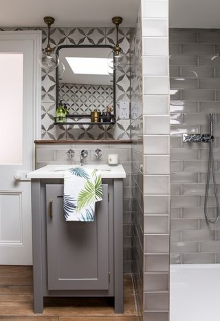 grey bathroom with vintage vanity unit