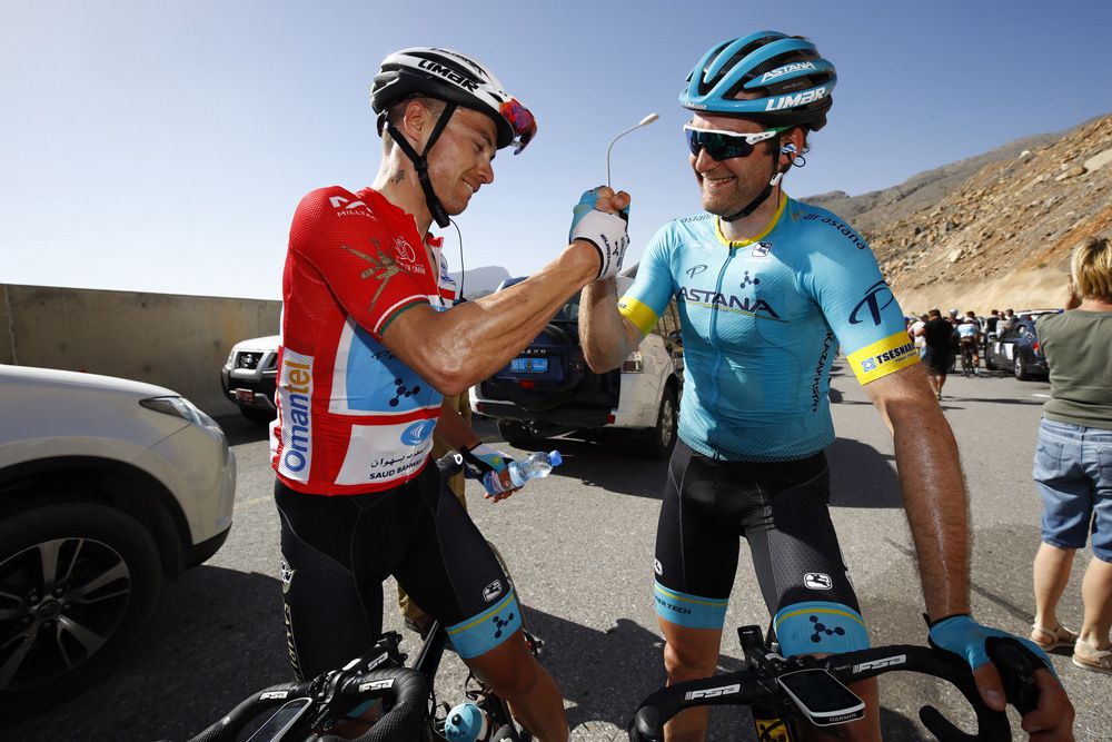 Alexey Lutsenko celebrates with Astana teammate Hugo Houle