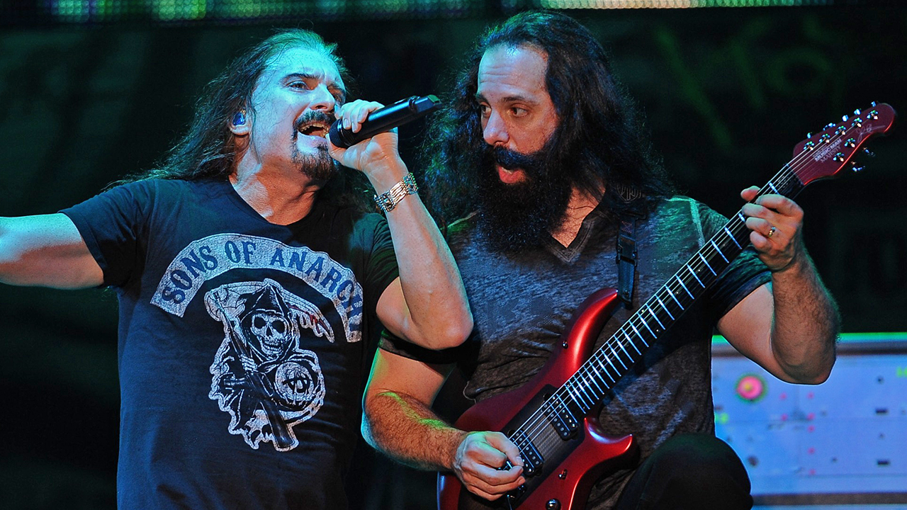 James LaBrie (L) and John Petrucci (R) of Dream Theater perform on stage during Indonesia tour at Senayan on October 26, 2014 in Jakarta, Indonesia. (Photo by Robertus Pudyanto/Getty Images)
