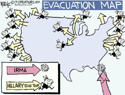 Political cartoon U.S. Irma Hillary Clinton Book tour evacuation