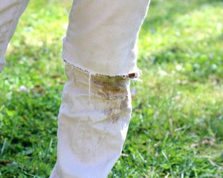 Child's torn khaki pants with grass stains after play