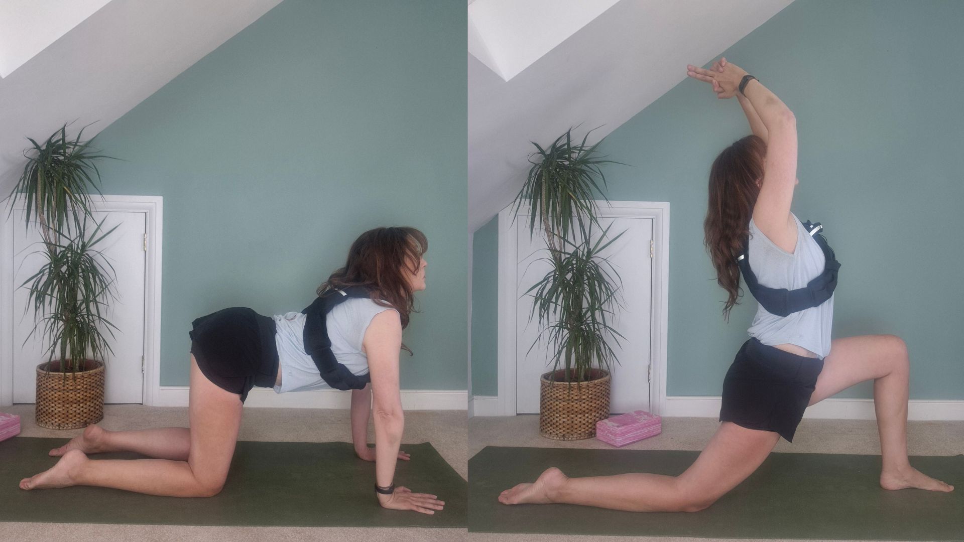 Kerry Law doing yoga with a weighted vest in two poses