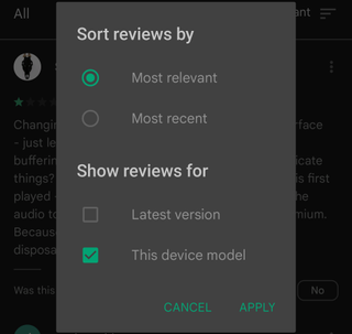 filter reviews by device model on google play