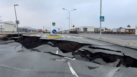 A huge crack in the road resulting from an imminent volcanic eruption in Grindavik, Iceland.