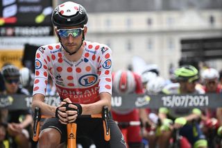 Team Bahrains Wout Poels of Netherlands wearing the best climbers polka dot jersey waits prior to the start of the 18th stage of the 108th edition of the Tour de France cycling race 129 km between Pau and Luz Ardiden on July 15 2021 Photo by AnneChristine POUJOULAT AFP Photo by ANNECHRISTINE POUJOULATAFP via Getty Images