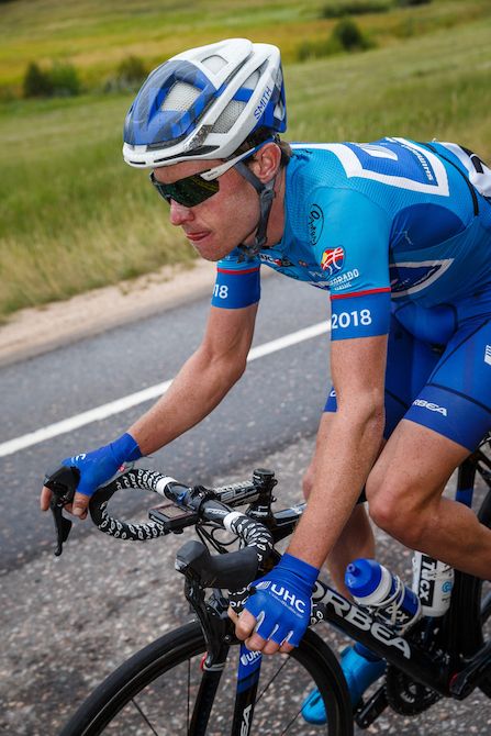 UnitedHealthcare's Gavin Mannion riding in the leader's jersey during stage 3 of the 2018 Colorado Classic