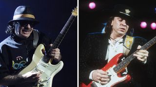 Left-Carlos Santana during Santana Live in Concert at Madison Square Garden - June 15, 2005 at Madison Square Garden in New York City, New York, United States; Right- Stevie Ray Vaughan is performing at the Community Center in Sacramento, CA on July 2. 1987