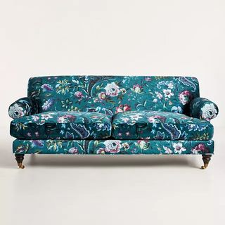 teal floral sofa