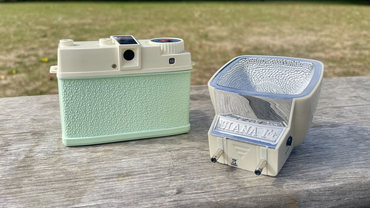 Lomography Lomourette half-frame film camera on a park bench