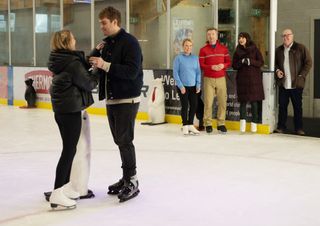 Belle proposes to Tom at an ice rink in Emmerdale 