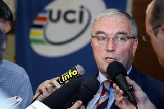 UCI President Pat McQuaid speaks to the press