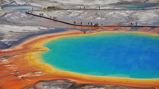 Aerial view of Grand Prismatic at Yellowstone National Park, USA