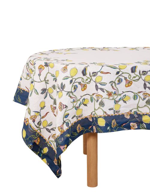 La DoubleJ White Large Printed Linen Tablecloth