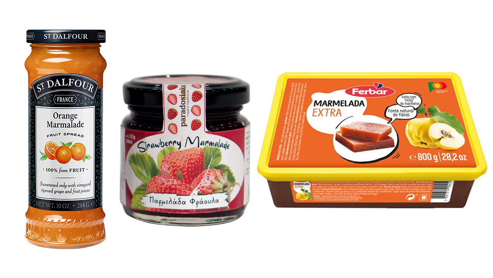 Three types of marmalade: A French orange marmalade alongside a strawberry marmalade from Cyprus, and the original quince marmelada from Portugal