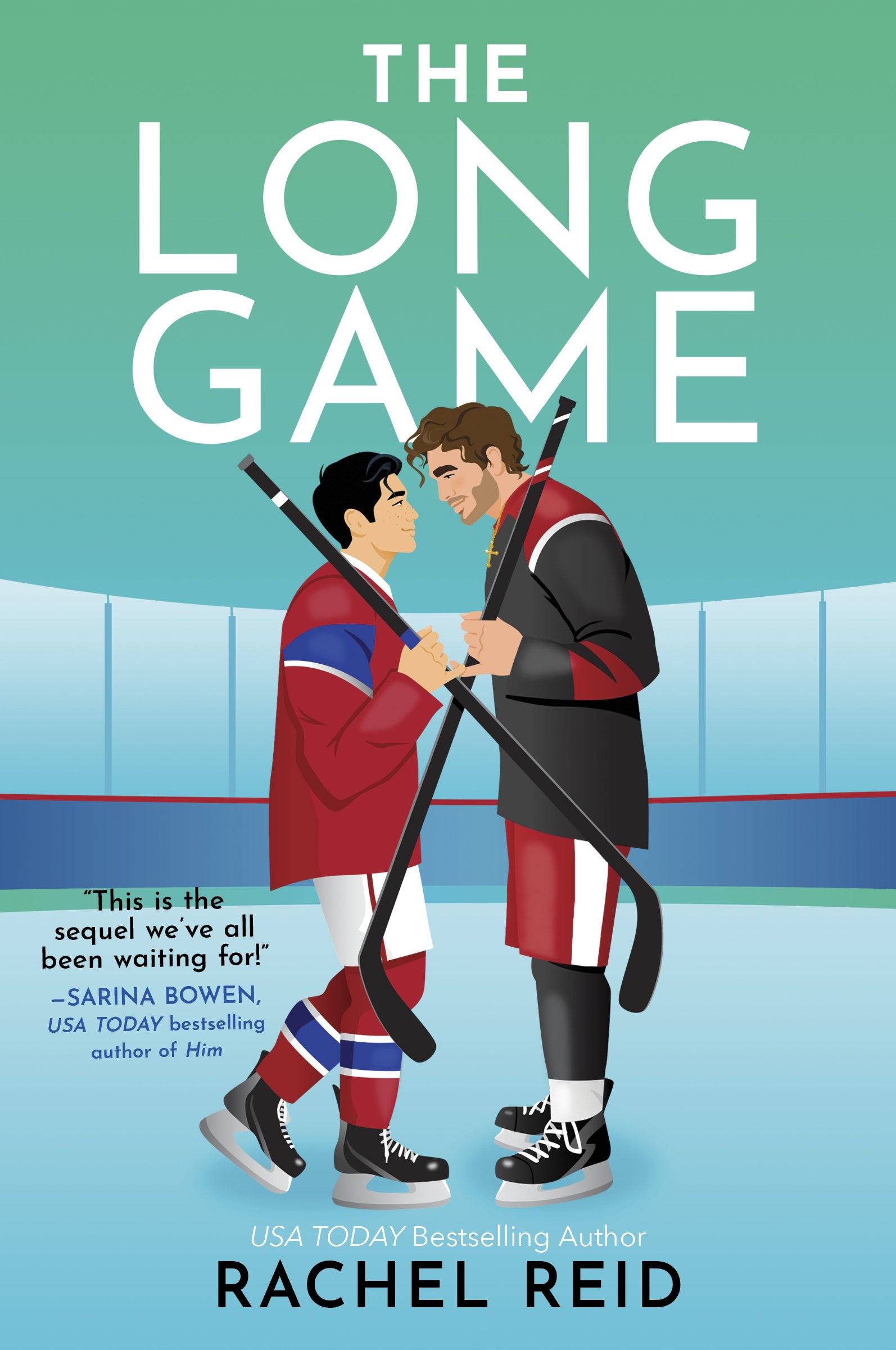 two male hockey players face each other and cross their sticks on the ice on the cover of the book the long game