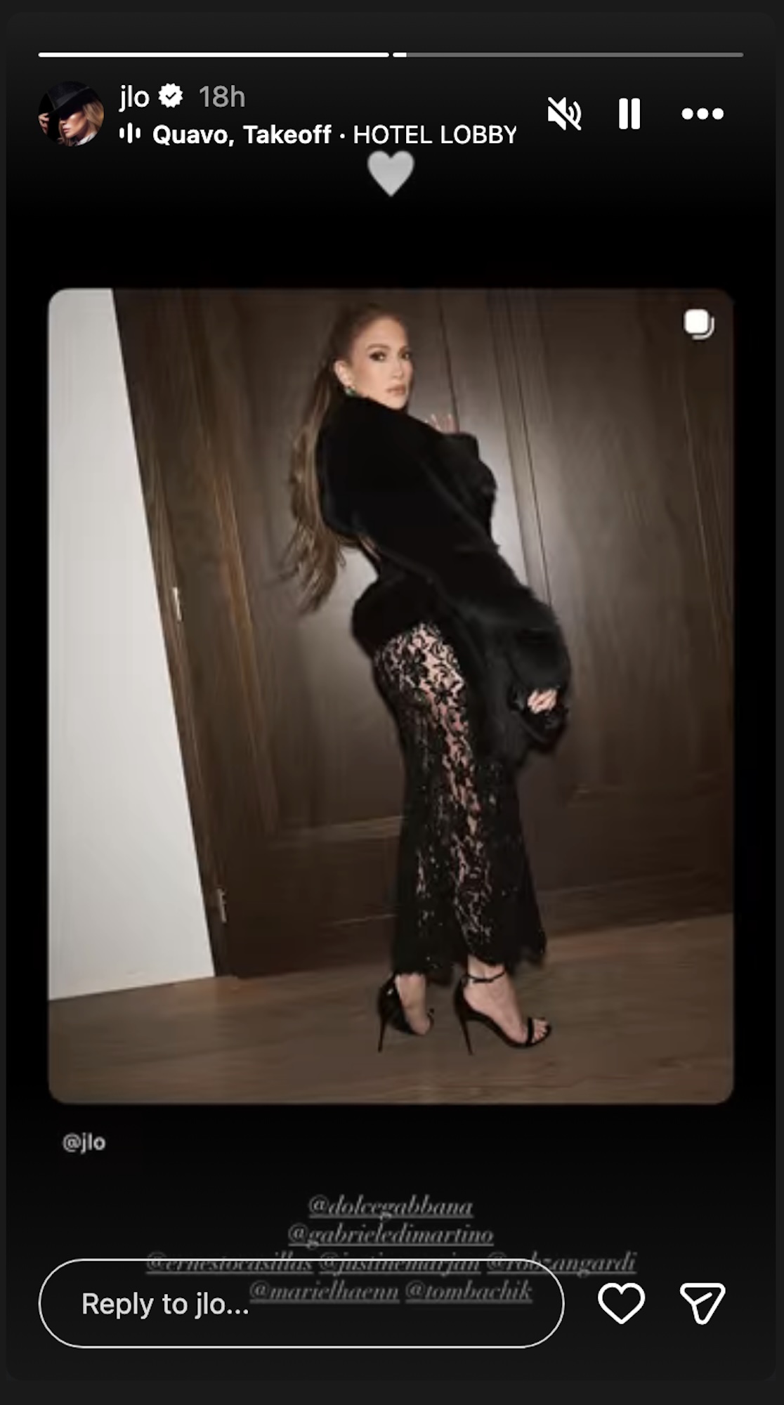 JLo's IG Story showing off her sheer dress and black fur.
