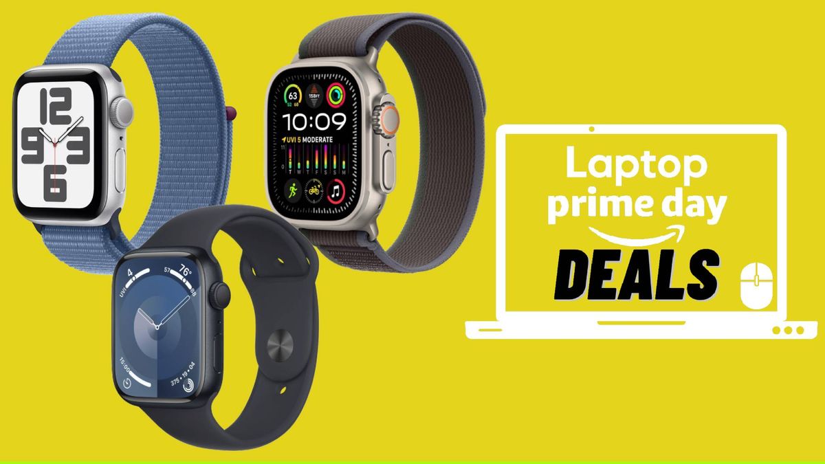 Prime Day Apple Watch deals, Apple Watch SE 2, Apple Watch Series 9 and Apple Watch Ultra against yellow background