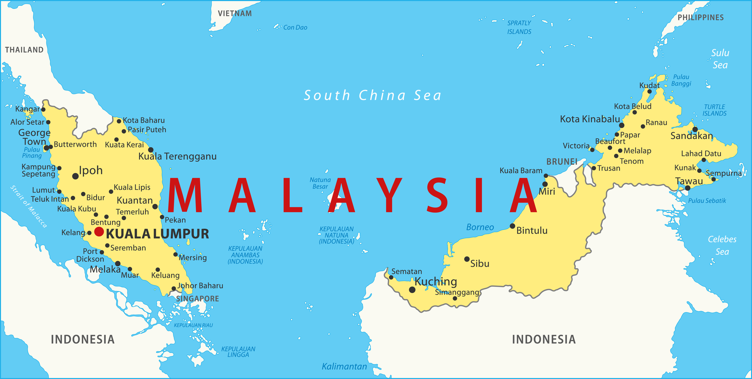 A detailed map of Malaysia, showing major cities and how the country is connected to Thailand, Singapore and Indonesia.