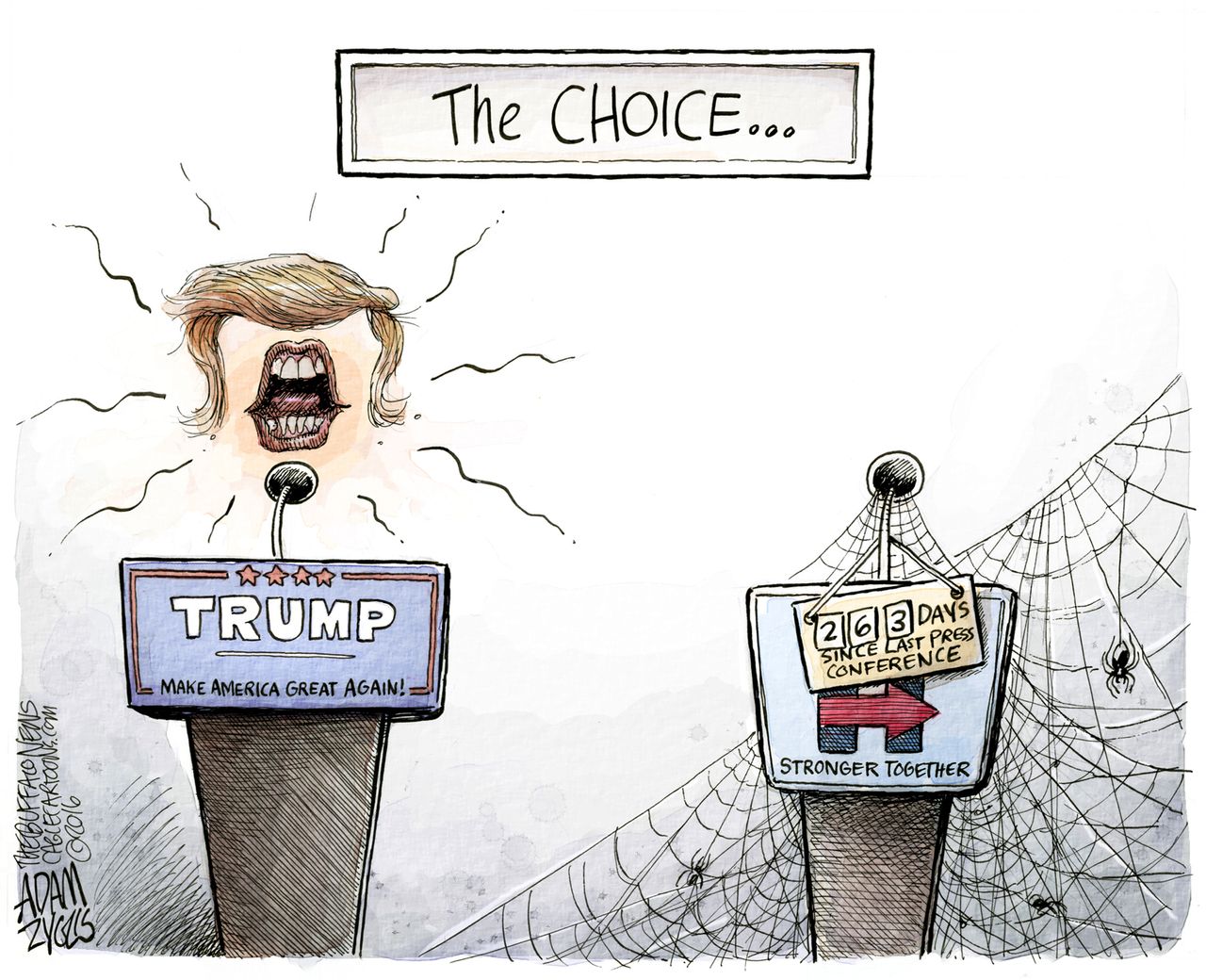 Political cartoon U.S. election 2016 Hillary Clinton Donald Trump Press Conference