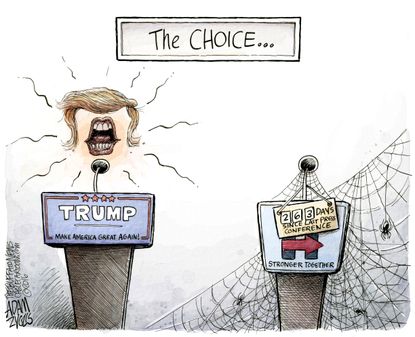 Political cartoon U.S. election 2016 Hillary Clinton Donald Trump Press Conference