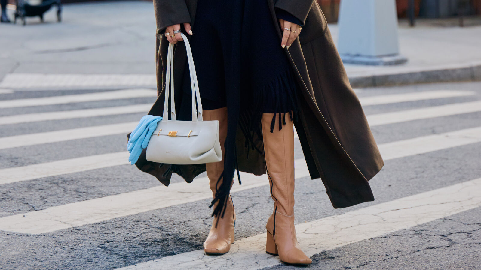 lauren wears brown monochromatic outfit with off-white Demellier handabag