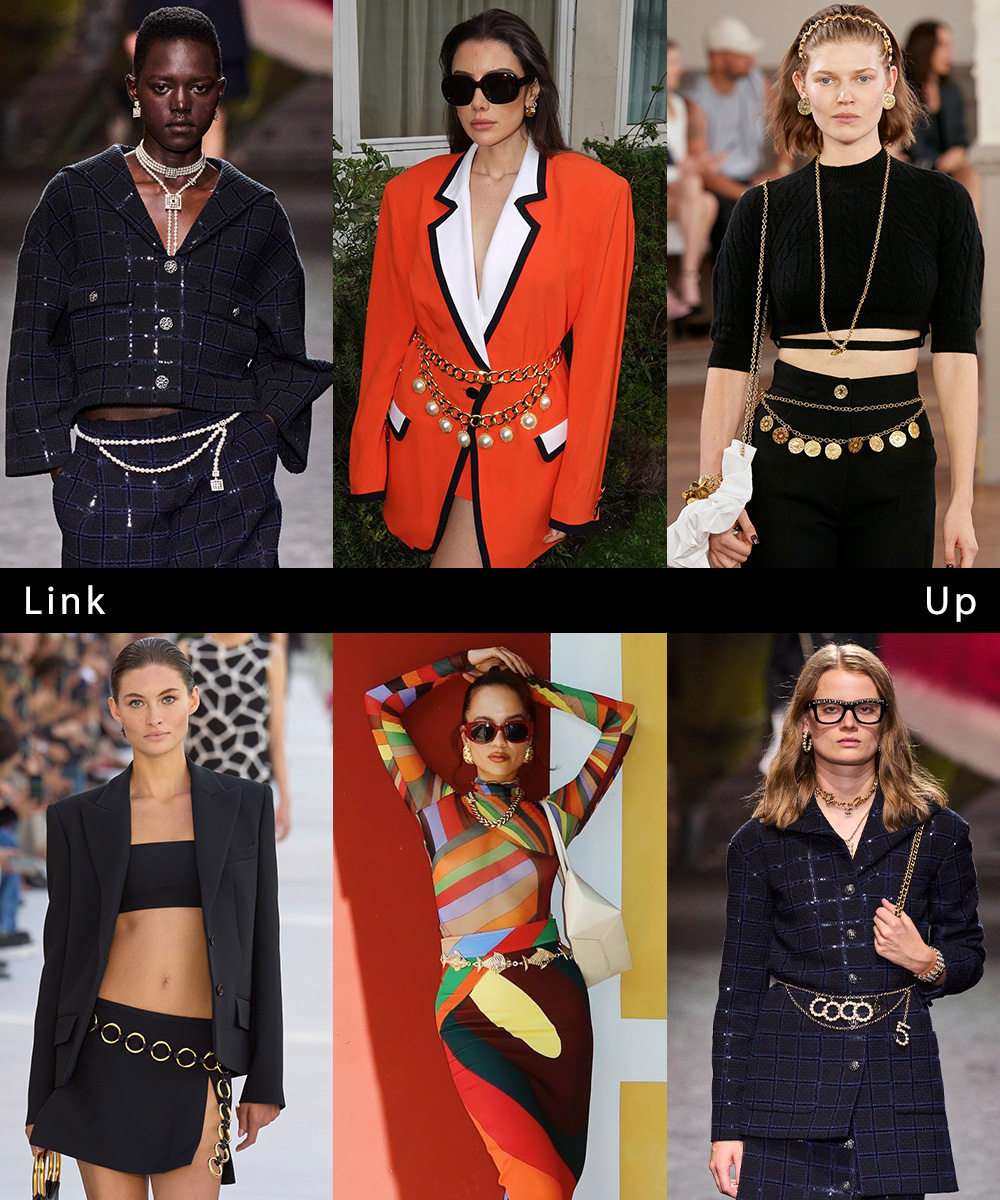 a collage of models and women wearing the 80s jewelry trend: chain belts