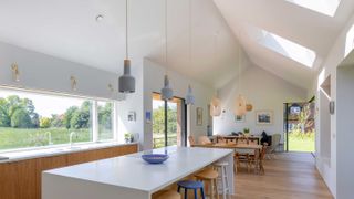 Self build house with large open plan kitchen under a high vaulted celing
