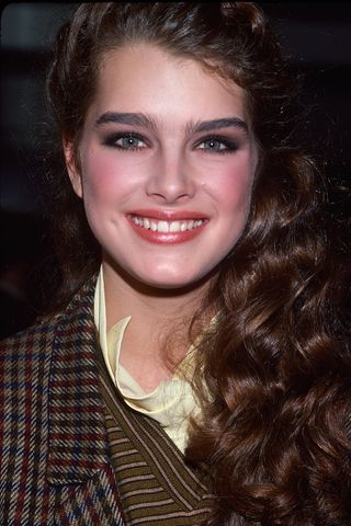 Brooke Shields pictured with natural brows and wearing a shiny lipstick