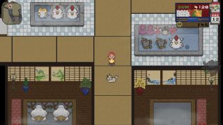 Spirittea player created character standing in the renovated bath house with spirit guests, pixel art style. 