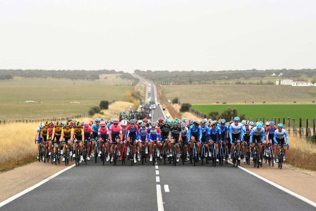 CIUDADRODRIGO SPAIN NOVEMBER 06 Primoz Roglic of Slovenia and Team Jumbo Visma Red Leader Jersey Lennard Hofstede of The Netherlands and Team Jumbo Visma Paul Martens of Germany and Team Jumbo Visma Robert Gesink of The Netherlands and Team Jumbo Visma Hugh Carthy of The United Kingdom and Team EF Pro Cycling Magnus Cort Nielsen of Denmark and Team EF Pro Cycling Mitchell Docker of Australia and Team EF Pro Cycling Niki Terpstra of The Netherlands and Team Total Direct Energie David Gaudu of France and Team Groupama FDJ Michael Schwarzmann of Germany and Team BORA Hansgrohe Enric Mas Nicolau of Spain and Movistar Team White Best Young Rider Jersey Imanol Erviti of Spain and Movistar Team Carlos Verona Quintanilla of Spain and Movistar Team Rory Sutherland of Australia and Team Israel StartUp Nation Peloton Landscape during the 75th Tour of Spain 2020 Stage 16 a 162km stage from Salamanca to Ciudad Rodrigo lavuelta LaVuelta20 La Vuelta on November 06 2020 in Ciudad Rodrigo Spain Photo by David RamosGetty Images
