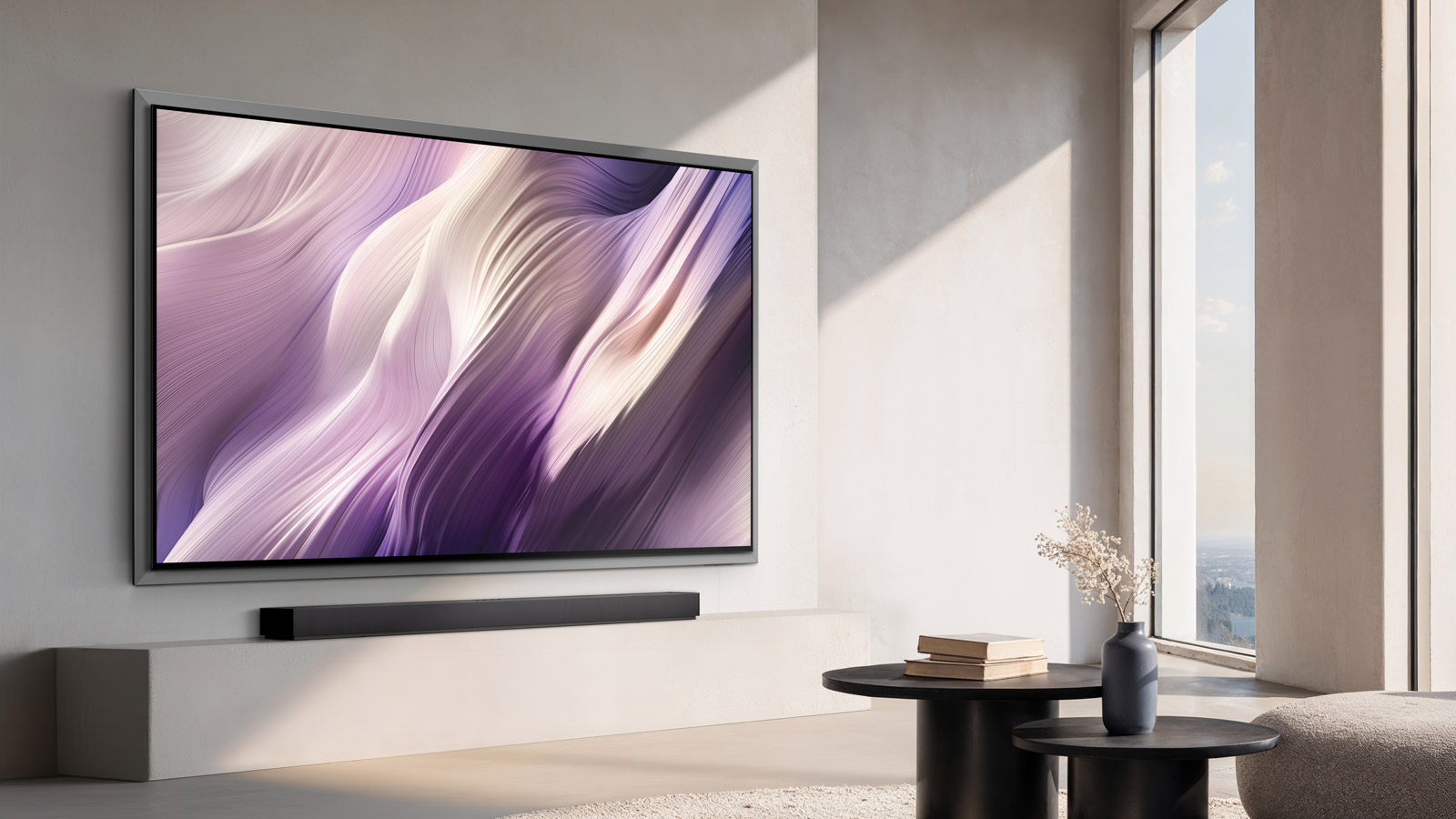 Samsung S95H OLED TV mounted on a wall.