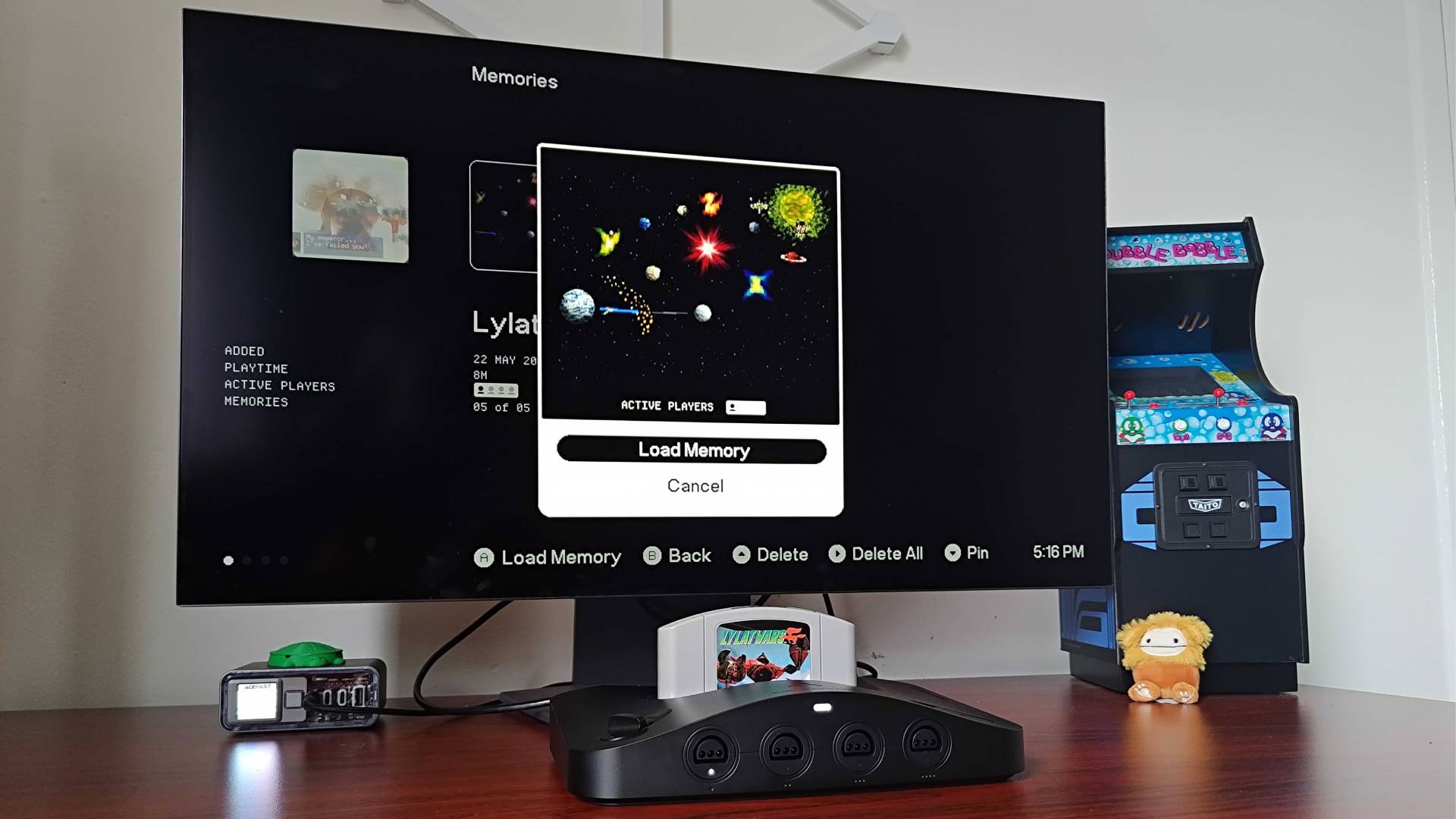 Analogue 3D connected to LG OLED monitor with Memories save state open for Star Fox 64.