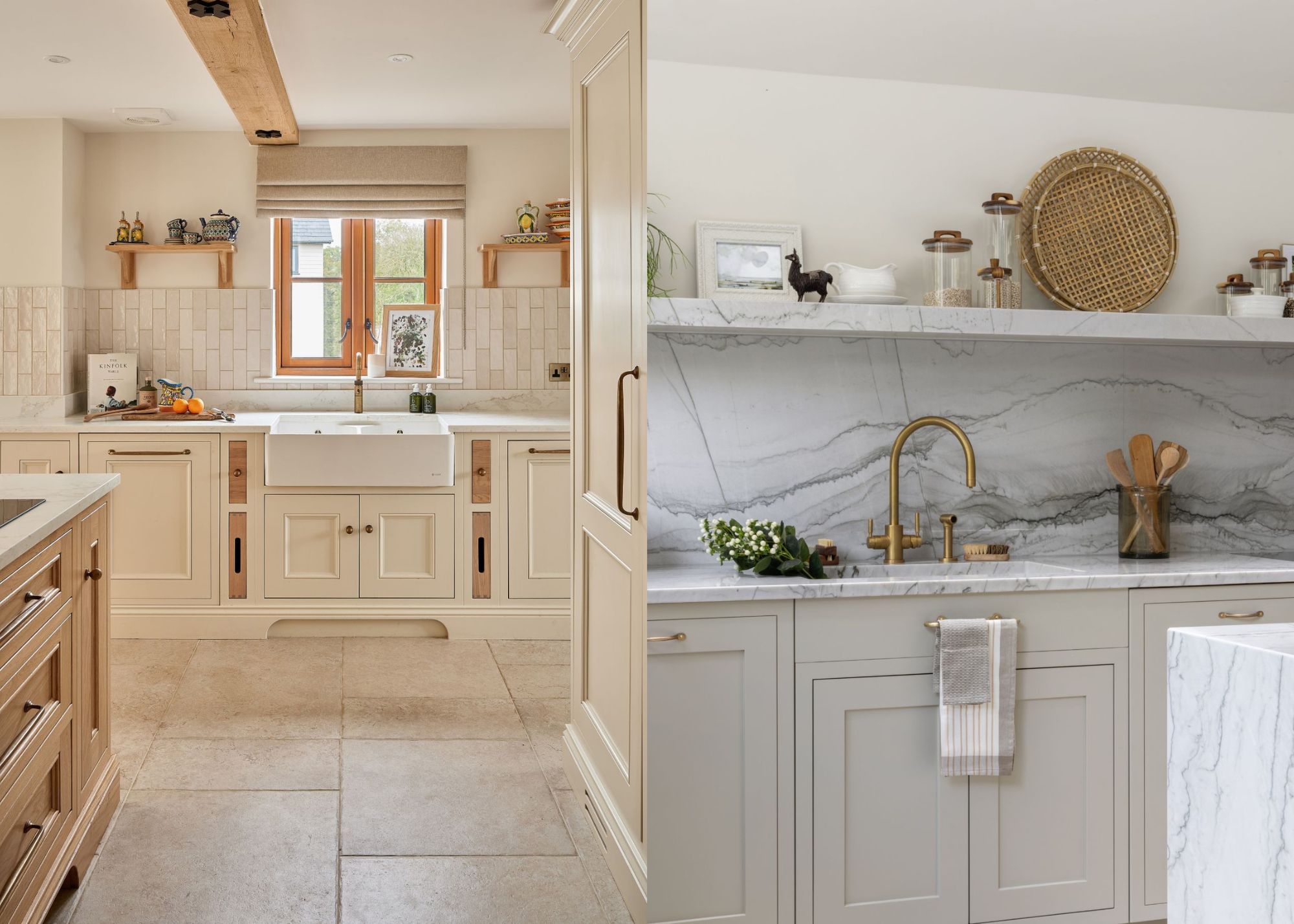 On the left is a kitchen with a tile backsplash in a cream/white colored kitchen and on the right is a kitchen with a stone backsplash with a view of the sink and open shelving above the sink