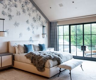 bedroom steel framed windows and mural wallcovering