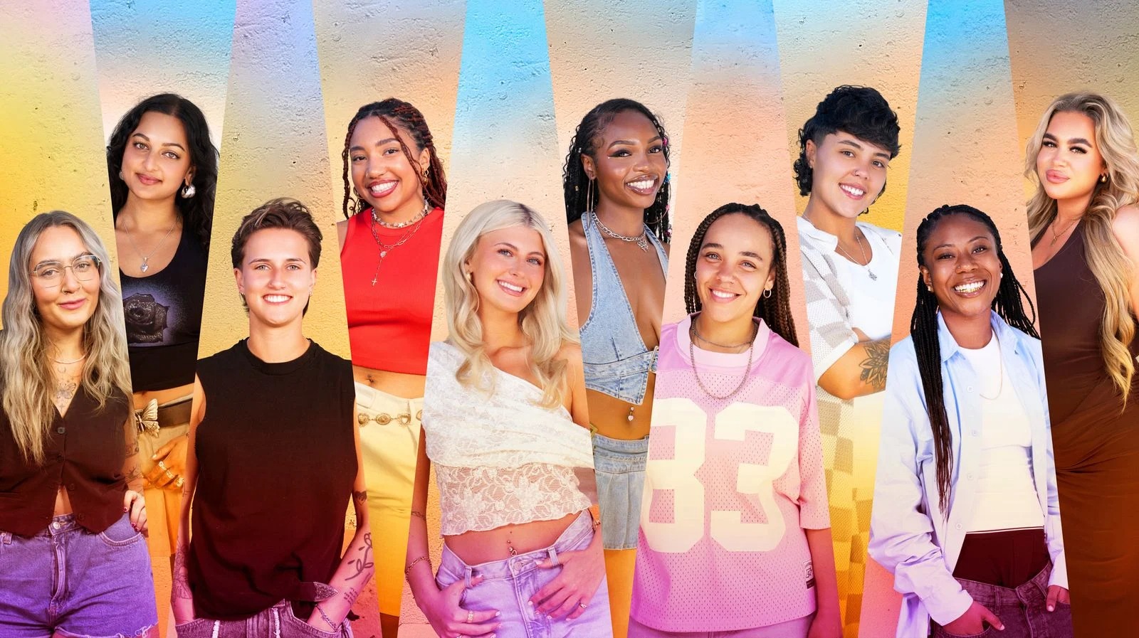 A graphic featuring the cast of 'I Kissed a Girl' season 2. l-r Faye, Nikita, Elise, Tyra, Elisha, Lindsey, Ashlea, Ebony, Renee, Imogen