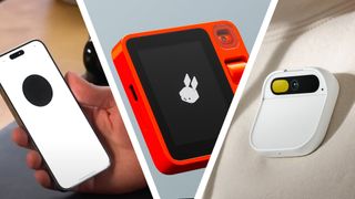 A hand holding a phone running the ChatGPT app, the Rabbit R1 on a grey background, and a Humane AI Pin on someone's lapel