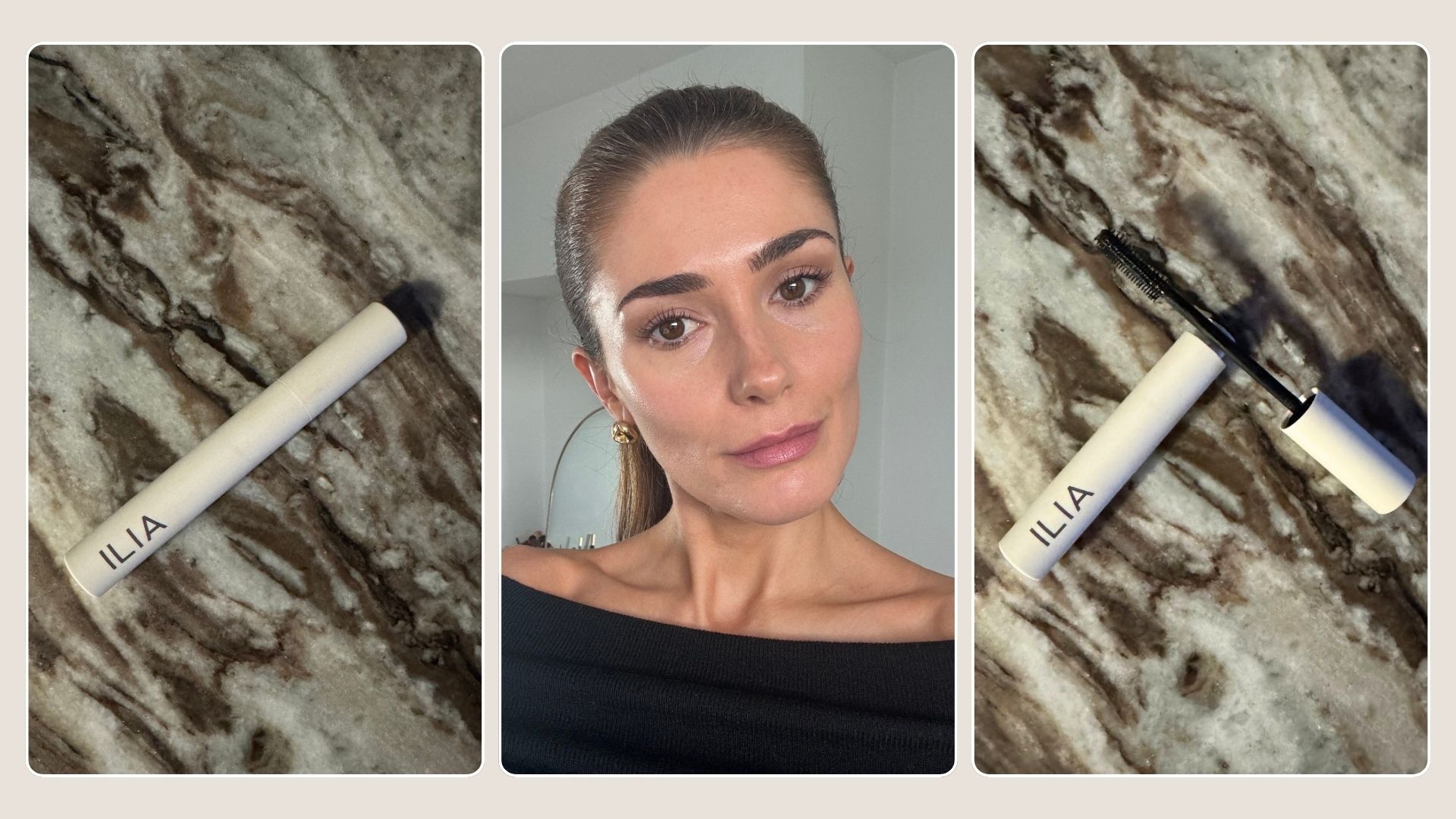 A collage with photos of the Ilia limitless mascara tube and wand, and a selfie of beauty editor Eleanor wearing the mascara on her lashes