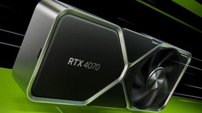 Nvidia RTX 4070 reveal graphic showing the Founders Edition on a Nvidia green background