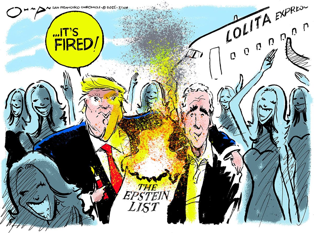 
                                This political cartoon shows Donald Trump with his arm around Jeffrey Epstein. They are surrounded by beautiful women and there is an airplane in the background labeled &quot;Lolita Express&quot;. Both men are smiling and appear to be celebrating. Donald Trump holds a lighter and has just set a piece of paper called &quot;The Epstein List&quot; on fire. Trump says, &quot;It&#039;s fired!&quot;
                            