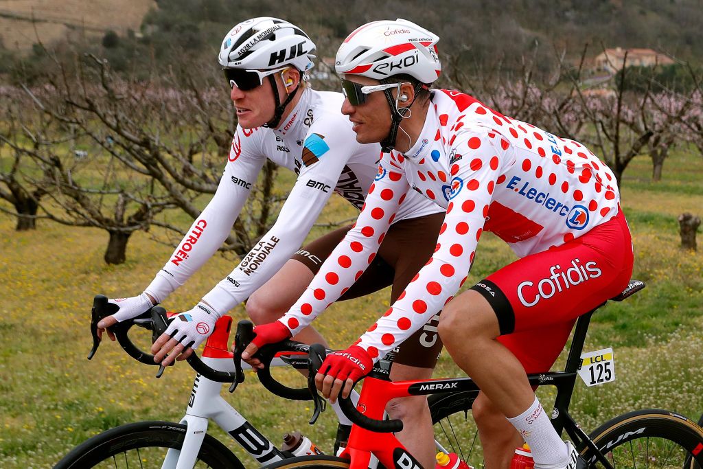 BOLLNE FRANCE MARCH 11 Dorian Godon of France and AG2R Citren Team Anthony Perez of France and Team Cofidis Polka Dot Mountain Jersey during the 79th Paris Nice 2021 Stage 5 a 200km stage from Vienne to Bollne ParisNice on March 11 2021 in Bollne France Photo by Bas CzerwinskiGetty Images